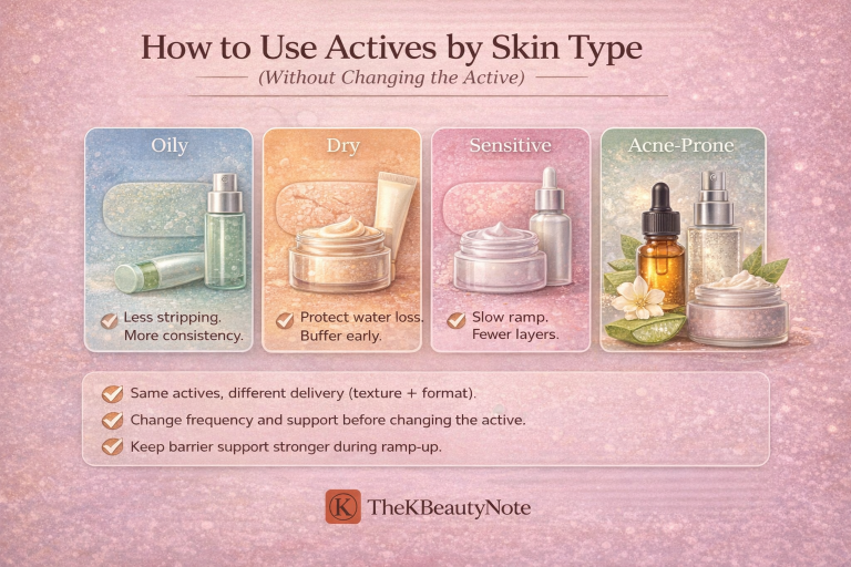 Infographic: How to use actives by skin type (oily, dry, sensitive, acne-prone) without changing the active